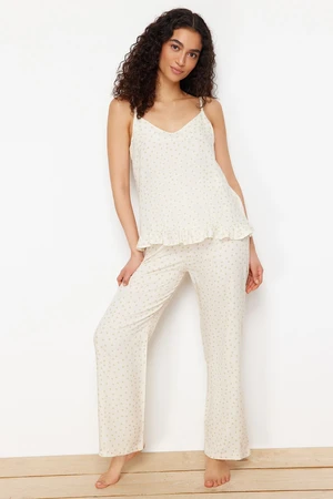 Trendyol Ecru Polka Dot Ruffle Detailed Rope Strap Viscose Woven Pajama Set