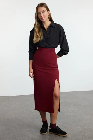 Trendyol Claret Red Smart Crepe Slit Detailed Maxi High Waist Flexible Knitted Skirt