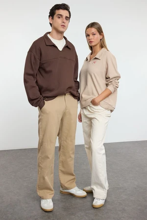 Trendyol Beige Couple Heart Embroidered Oversize/Wide Pattern Thessaloniki Polo Collar Knitted Sweatshirt