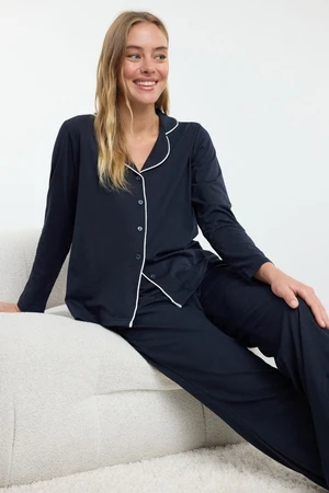 Trendyol Navy Blue Piping Detailed Knitted Pajama Set