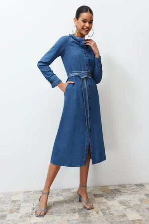 Trendyol Blue Ruffle Collar Denim Maxi Dress