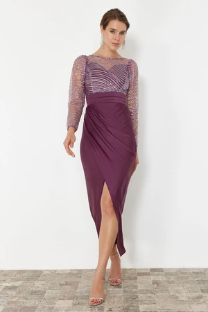 Trendyol Lilac Sequin Tulle Knitted Long Elegant Evening Dress