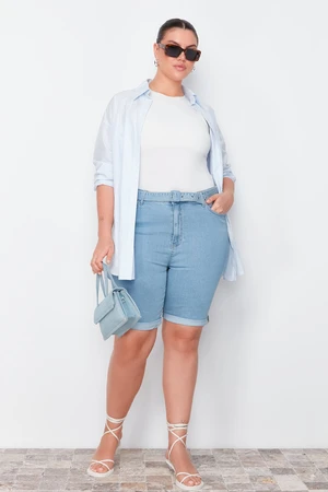 Trendyol Curve Light Blue Belted Flexible Skinny Denim Shorts