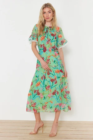 Trendyol Green Floral Half Sleeve Collar Ruffle Detailed Lined Chiffon Dress