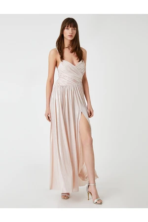 Koton Long Evening Dress With Draped Straps, Shiny