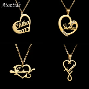 Atoztide Personalized Custom Name Heart Pendant Necklaces for Women Stainless Steel Fashion Unisex Link Chain Jewelry Gifts