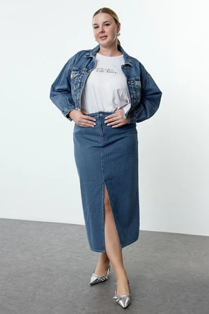 Trendyol Curve Blue Striped Slit Long Denim Plus Size Skirt