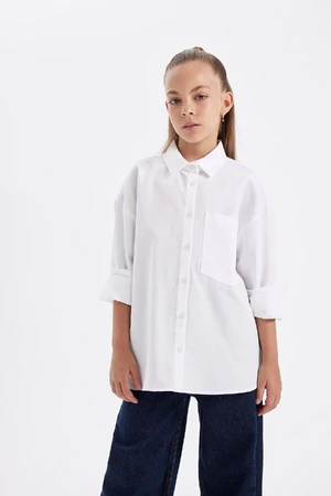 DEFACTO Girls Oversize Wide Pattern Poplin Long Sleeve White School Shirt