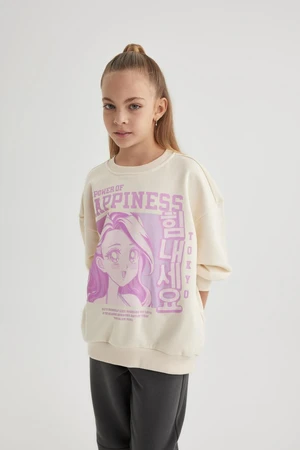 DEFACTO Girl&#39;s Relax Fit Crew Neck Printed Sweatshirt