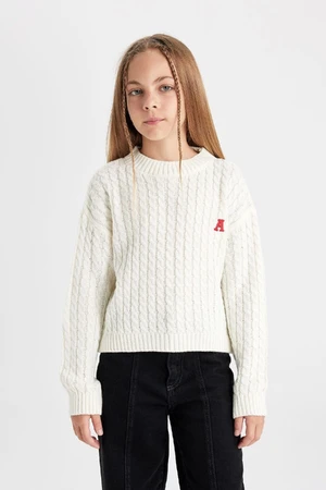 DEFACTO Girl's Ecru Standard Fit Crew Neck Knitwear Sweater