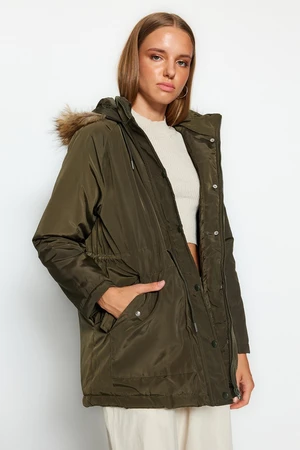 Trendyol Khaki Oversized Fur kapucnis vízálló Parka kabát