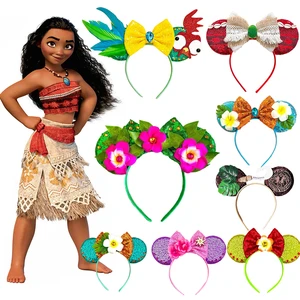 Disney New Moana Theme Mickey Mouse Ears Headband For Kid Adult Festival Party Sequin Bow Hairband Women Girl Hair Headwear Gift