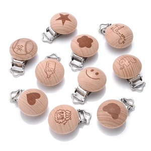 10Pcs Round Printing Beech Wood Teething Clip Chew Soother Pacifier Clip Chain For Nipple Chain Clip Nursing Product Wholesale