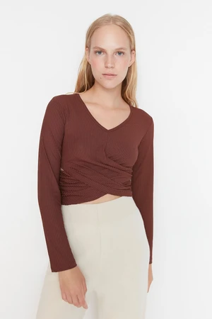 Trendyol Brown Collar Detailed Corduroy Knitted Blouse