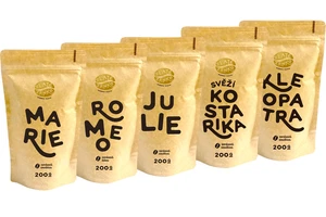 Káva Zlaté Zrnko - Poznej 5 káv na moku 1000g (Marie, Romeo, Julie, Kostarika, Kleopatra) MLETÁ: Mletí na moku, filtr, aeropress, frenchpress (hrubé)