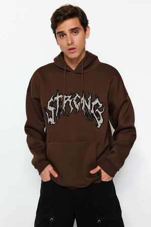 Trendyol Light Brown Oversize/Wide Cut Fleece/Warm Text Embroidered Sweatshirt