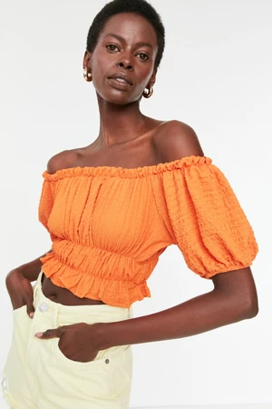 Trendyol Orange Carmen Collar Crepe Crop Knitted Blouse