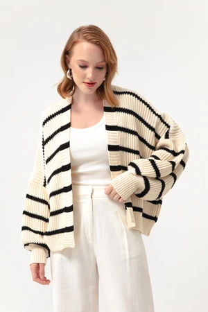 Lafaba Women's Beige Oversize Striped Knitwear Cardigan