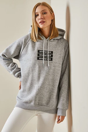 XHAN Gray Text Detail Raised Hoodie Sweatshirt