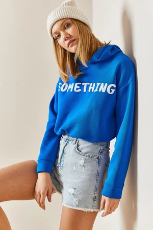 XHAN Blue Hooded & Text Crop Sweatshirt