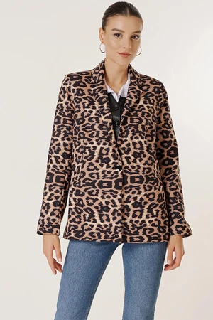 By Saygı One Button Lined Leopard Pattern Comfort Fit Jacket