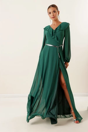 By Saygı Emerald Green Chiffon Long Dress with Flounce Balloon Sleeves and Belt