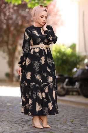 InStyle Brush Patterned Hijab Dress with a Belt - Black