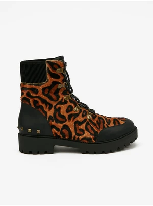 Brown Leather Ankle Boots with Leopard Pattern Desigual Biker Le - Ladies