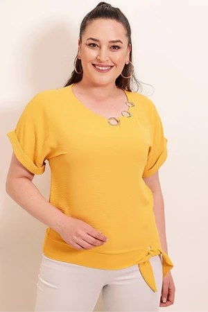 By Saygı Collar Metal Detail Tied Waist Plus Size Ayrobin Blouse Mustard