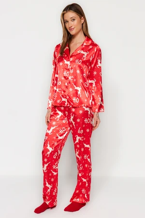 Trendyol Red New Year Themed Satin Shirt-Pants Woven Pajama Set