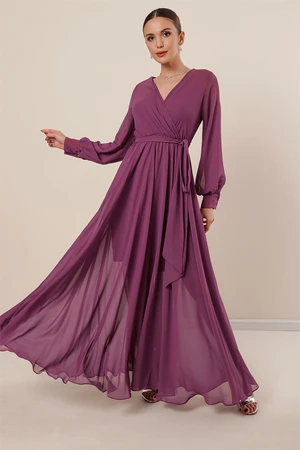 By Saygı Double-breasted Collar Long Sleeves Lined Chiffon Long Dress Dry Rose