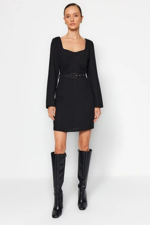 Trendyol Black Belted Heart Neck Woven Mini Woven Dress