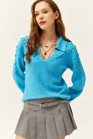 Olalook Women's Blue Polo Neck Little Pompom Soft Textured Knitwear Sweater