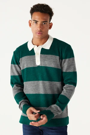 AC&Co / Altınyıldız Classics Men's Green-gray Standard Fit Regular Fit Polo Neck Striped Raised Soft Textured Knitwear Sweater