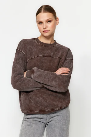 Trendyol Brown Worn/Faded Effect Thick Fleece Oversized/Wide Knitted Sweatshirt