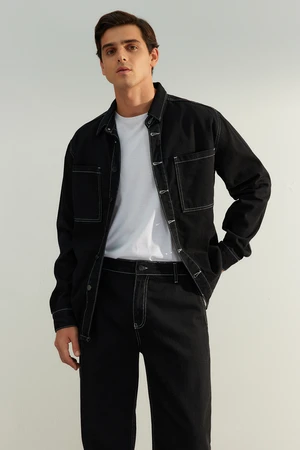 Trendyol Limited Edition Mens Black Regular Fit Denim Jeans Jacket with Contrast Stitching