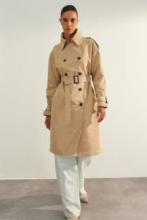 Trendyol Limited Edition Beige Oversize Wide Cut Embroidery Detailed Belted Trench Coat