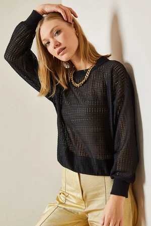 XHAN Black Crewneck Blouse with Openwork