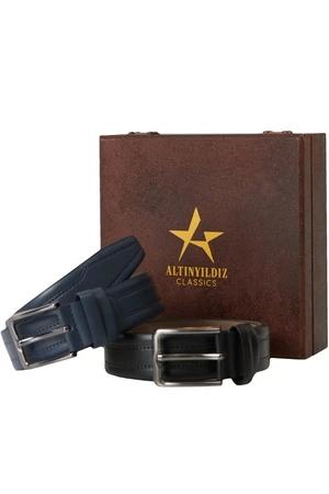 ALTINYILDIZ CLASSICS Men's Black-Navy Blue Special Wooden Gift Box 2-Piece Casual Belt Set Groom's Pack