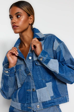 Trendyol Blue Color Block Trucker Denim Jacket