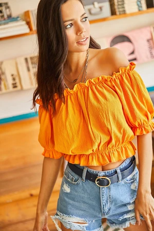 Olalook Women's Orange Gipsy Crop Knitted Blouse