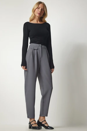 Happiness İstanbul Women's Gray Elegant Woven Pants with Buttons