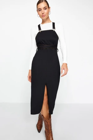 Trendyol Black Straight Cut Midi Slit Tie Detail Woven Gilet Woven Dress