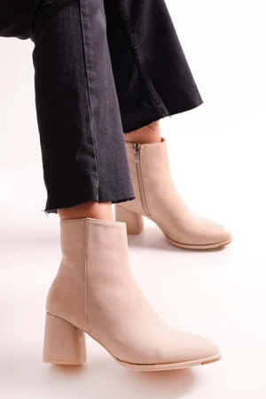 Shoeberry Women's Haylee Beige Suede Heeled Boots Beige Suede