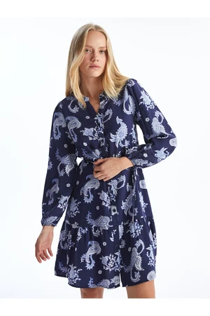 LC Waikiki LCW Comfort Blue Printed Crazy Collar Patterned Women's Shirt Dress