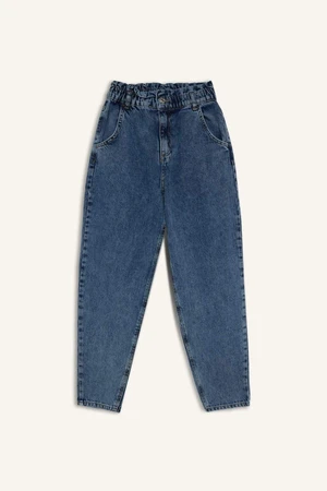 DEFACTO Paperbag Relaxed Cut High Waist Elastic Waist Light Straight Leg Jean Washed Trousers