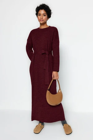 Trendyol Burgundy Belted Rib Knit Dress