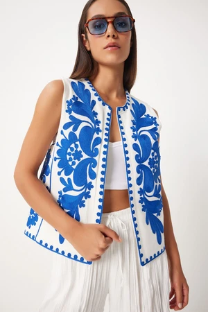 Happiness İstanbul Women's Blue White Embroidery Detailed Linen Vest