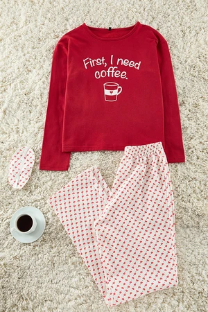 Trendyol Red Cotton Heart Slogan Printed Knitted Pajama Set