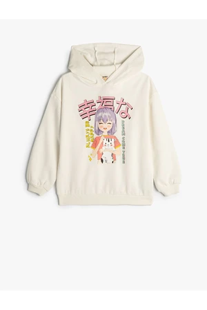 Koton Hooded Oversize Sweatshirt Anime Printed Long Sleeve Raised Cotton